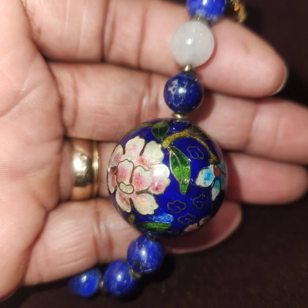 Vintage Chinese Export Lapis‎ Lazuli Pink stone Cloisonne Enamel Bead Necklace